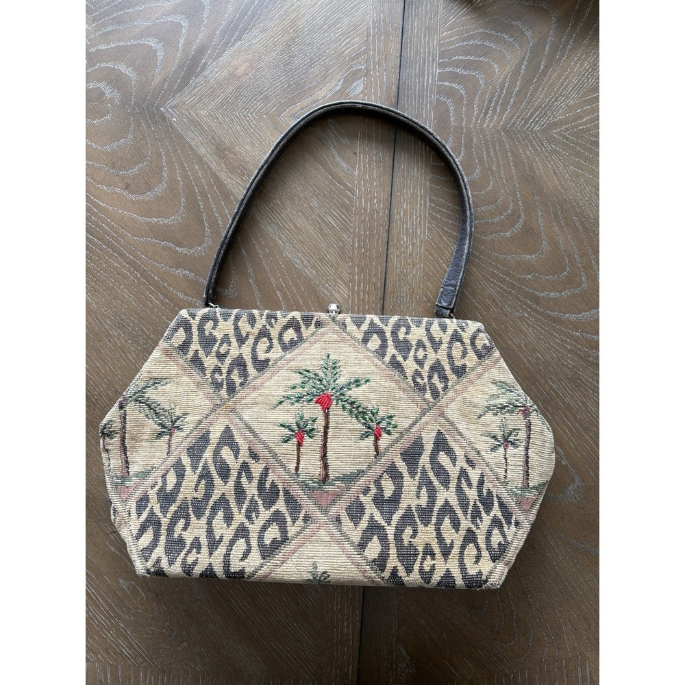 Bettina Duncan Tapestry Handbag Leopard Palm Tree Kiss Lock Satchel Tan Brown